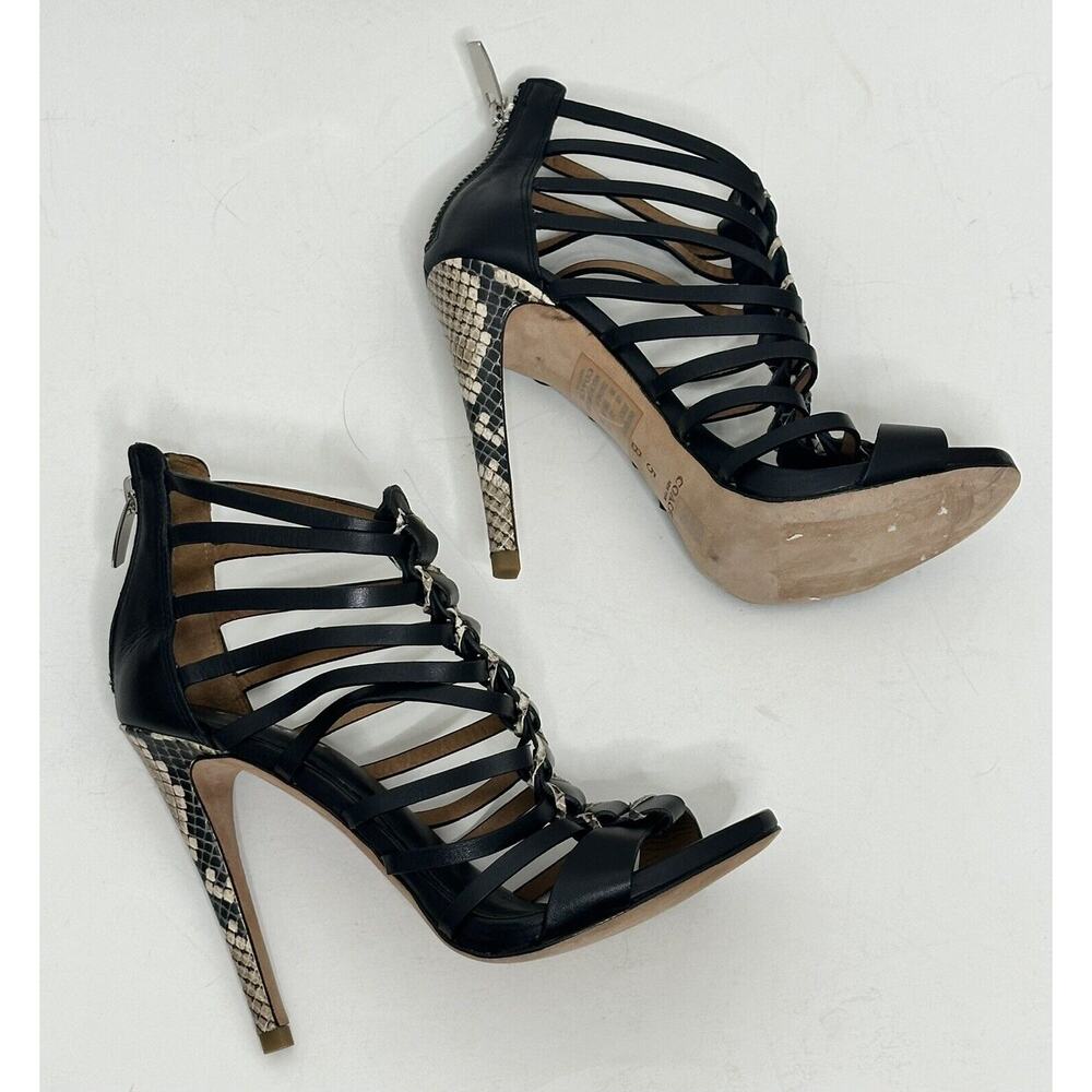 Coach Josey Sandals Heels Size 5 B Black Leather Snake Reptile Print Animal - Picture 2 of 6
